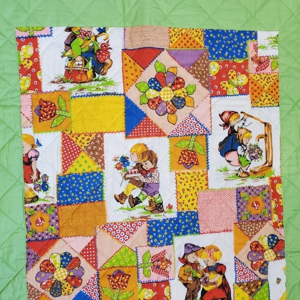 Vintage 70s Patchwork Green Retro Baby Blanket Quilt Crib Comforter Floral 35x53